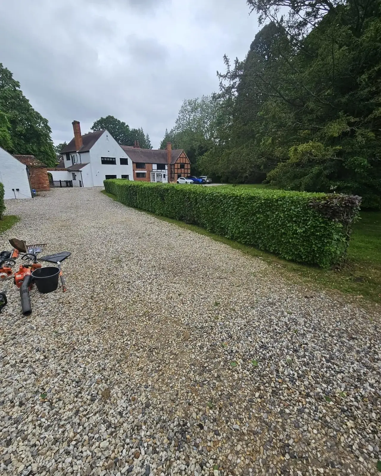Freshly trimmed hedge along a gravel driveway in Solihull